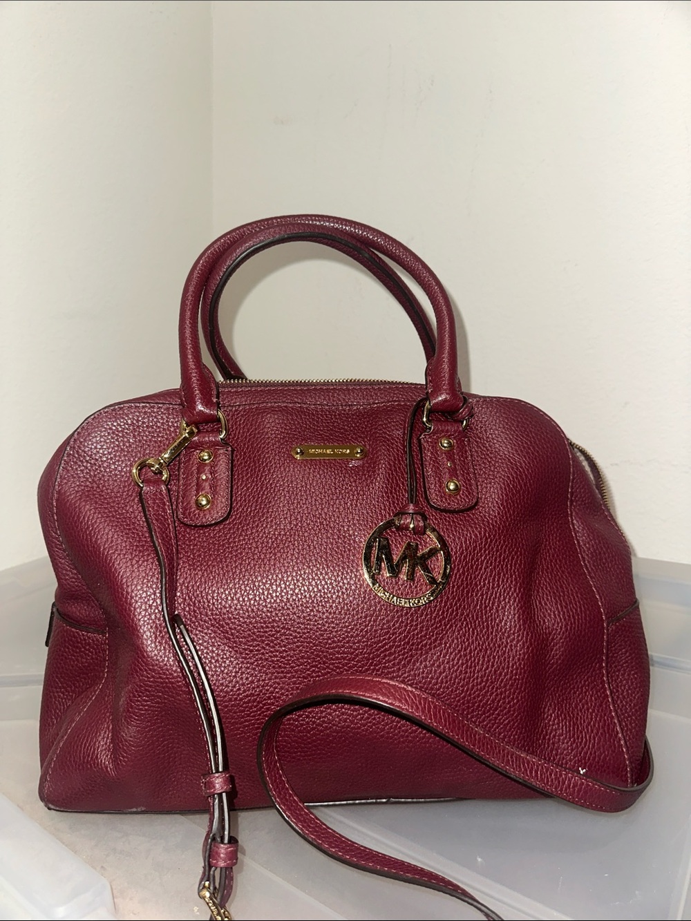 Michael Kors Wine Pebbled Leather Satchel with Gold Hardware